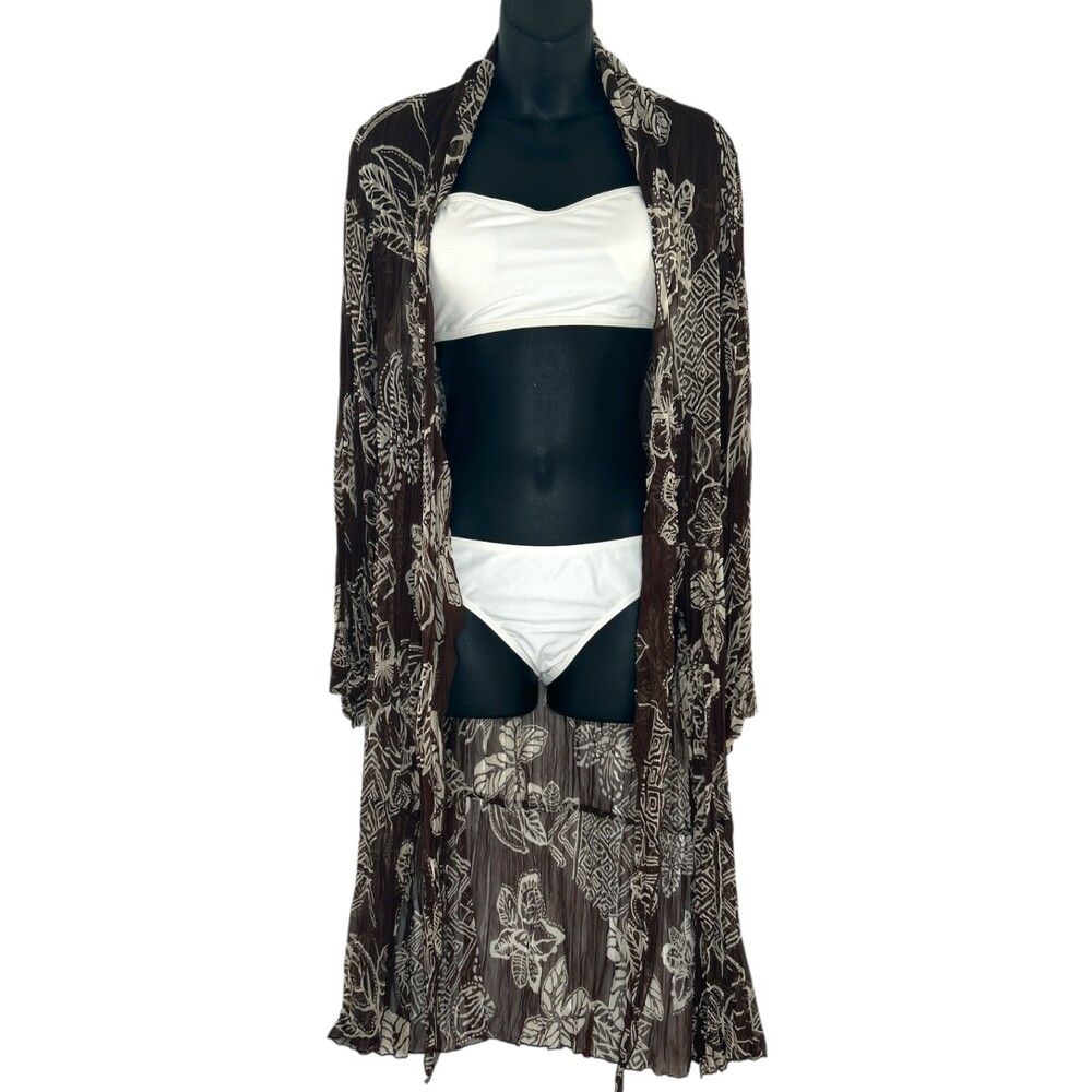 Chico's Brown Tropical Swim Cover Tie Front Sheer Beach Size 2 Marianne MSRP$108